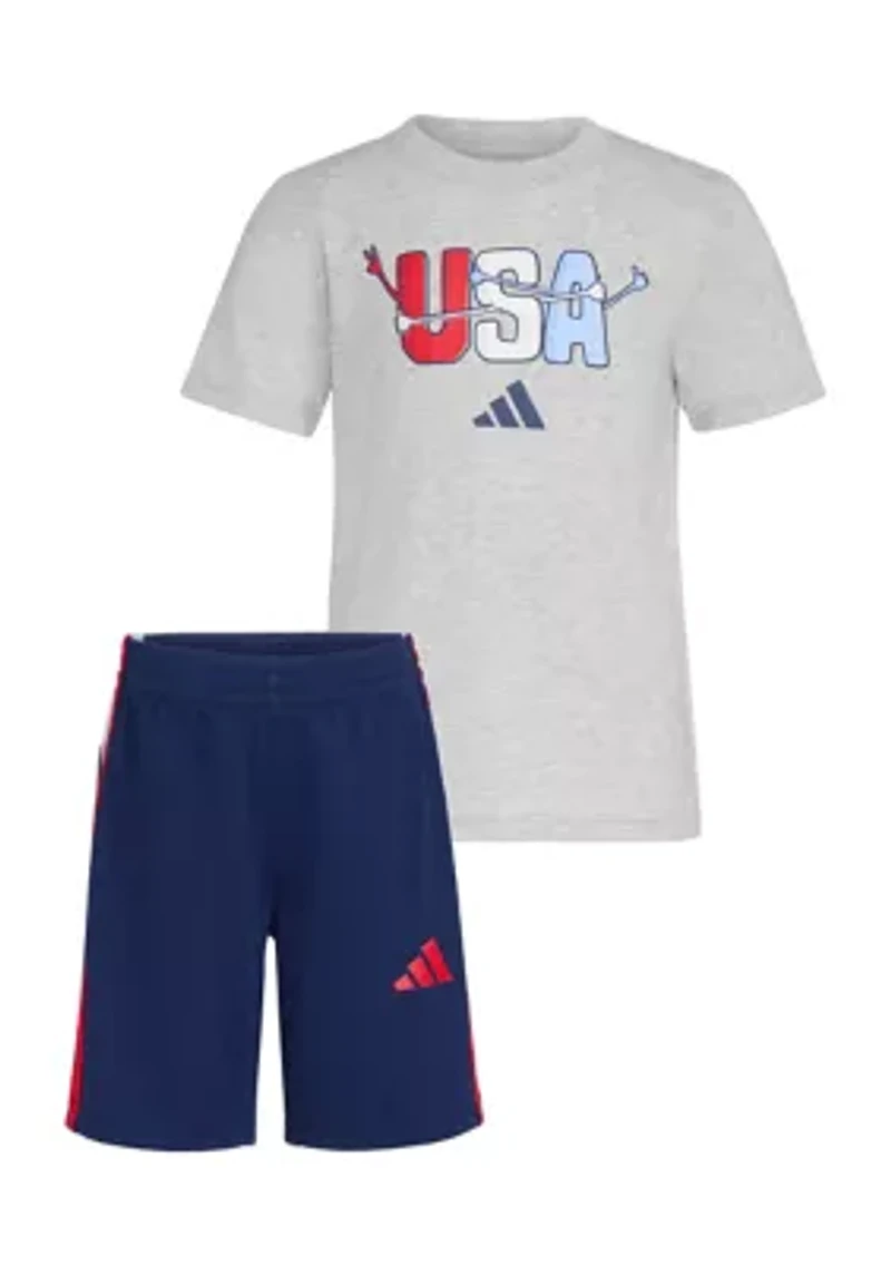 Boys 4-7 Two Piece Short Sleeve Graphic Cotton Heather T-Shirt and 3-Stripe Shorts Set