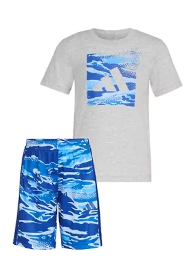 Toddler Boys Two-Piece Short Sleeve Cotton Heather Tee & Elastic Waistband Printed Set