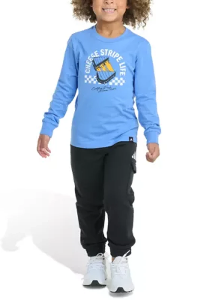 Toddler Boys Two Piece Long Sleeve Graphic Cotton T-Shirt and Elastic Waistband Cargo Joggers Set