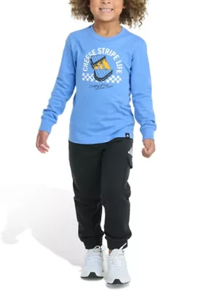 Toddler Boys Two Piece Long Sleeve Graphic Cotton T-Shirt and Elastic Waistband Cargo Joggers Set