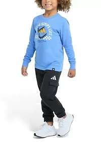 Toddler Boys Two Piece Long Sleeve Graphic Cotton T-Shirt and Elastic Waistband Cargo Joggers Set