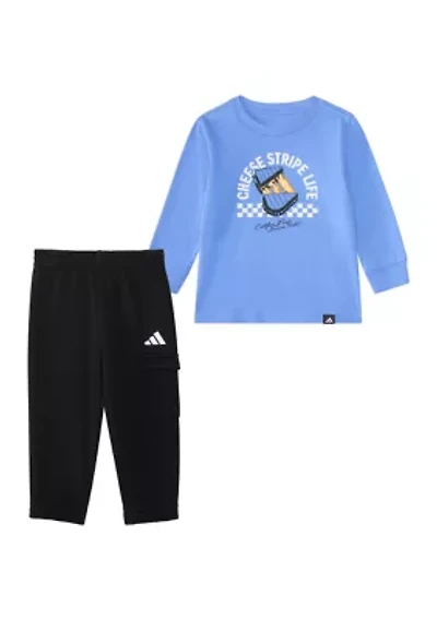 Baby Boys Two Piece Long Sleeve Graphic Cotton T-Shirt and Elastic Waistband Cargo Joggers Set