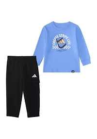 Baby Boys Two Piece Long Sleeve Graphic Cotton T-Shirt and Elastic Waistband Cargo Joggers Set