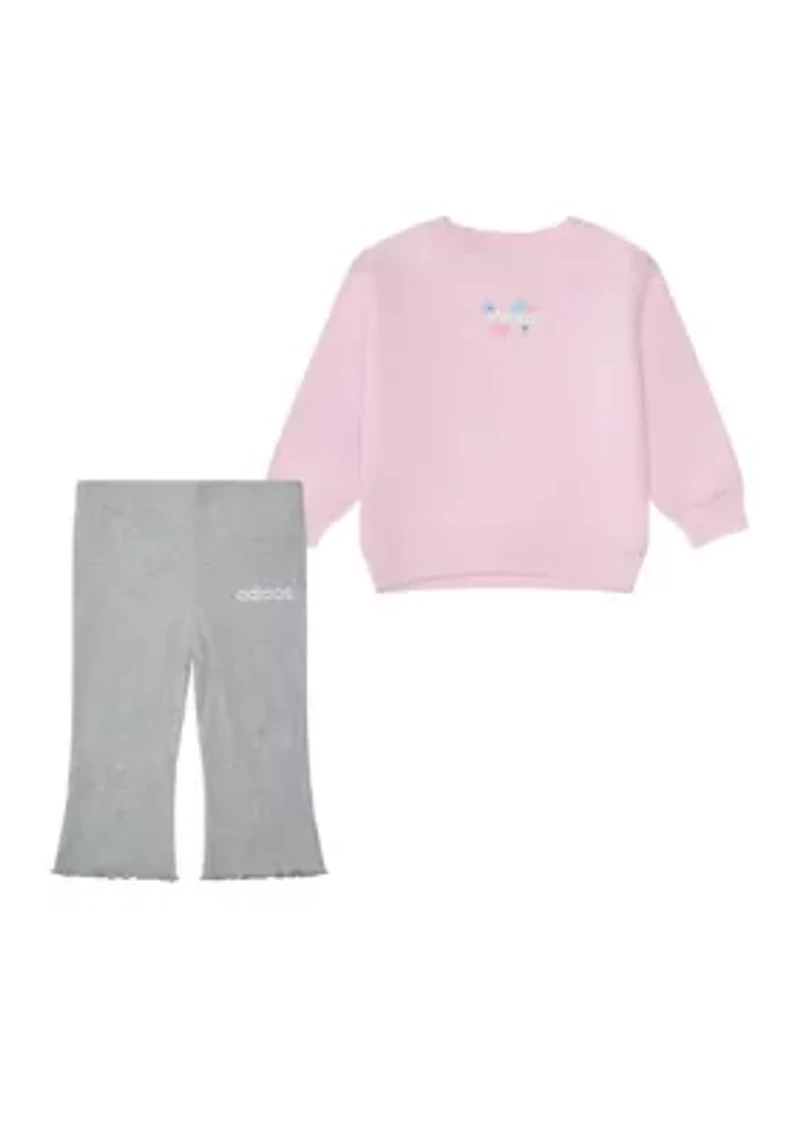 Baby Girls Two Piece Long Sleeve Crew Neck Fleece Pullover and Ribbed Flare Pants Set