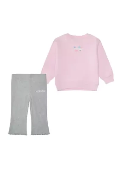 Baby Girls Two Piece Long Sleeve Crew Neck Fleece Pullover and Ribbed Flare Pants Set