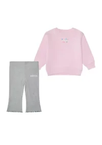 Baby Girls Two Piece Long Sleeve Crew Neck Fleece Pullover and Ribbed Flare Pants Set