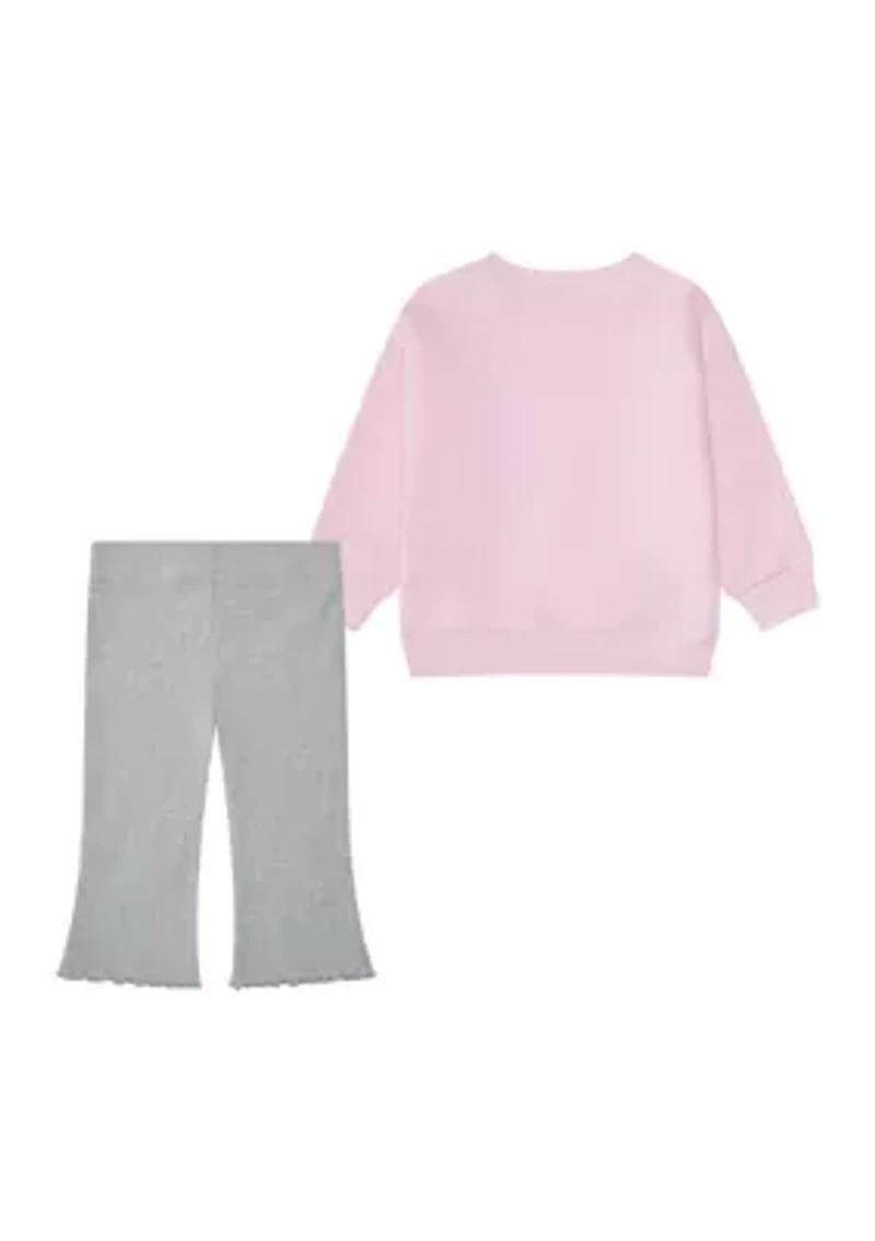 Baby Girls Two Piece Long Sleeve Crew Neck Fleece Pullover and Ribbed Flare Pants Set