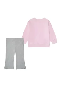 Baby Girls Two Piece Long Sleeve Crew Neck Fleece Pullover and Ribbed Flare Pants Set