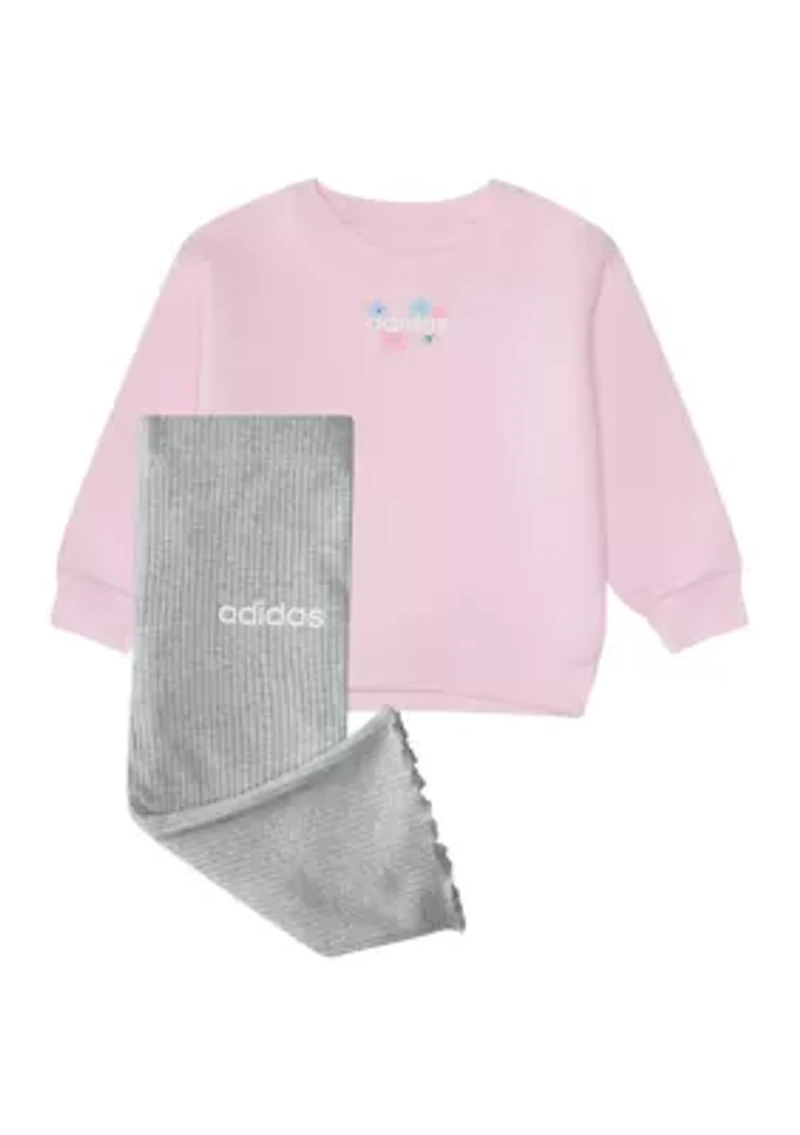 Baby Girls Two Piece Long Sleeve Crew Neck Fleece Pullover and Ribbed Flare Pants Set