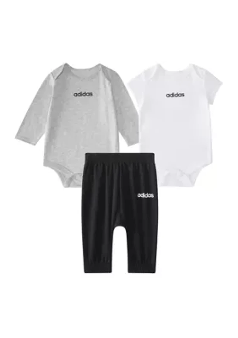 Baby Boys Three Piece Linear Logo Heather Bodysuit & Pants Set