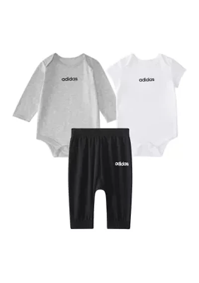 Baby Boys Three Piece Linear Logo Heather Bodysuit & Pants Set