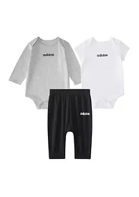 Baby Boys Three Piece Linear Logo Heather Bodysuit & Pants Set
