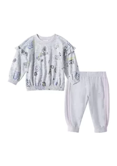 Baby Girls 2-Piece Printed Ruffle Crew Pullover & Jogger Set