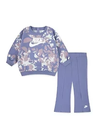 Baby Girls Floral Camo Printed Logo Sweatshirt and Flare Pants Set