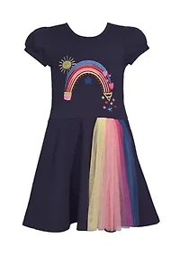 Girls 4-6x Rainbow Graphic Bodice to Color Blocked Skirt Dress