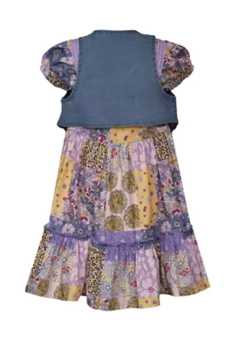 Girls 4-6x Printed Dress and Denim Vest Set