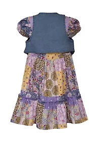 Girls 4-6x Printed Dress and Denim Vest Set