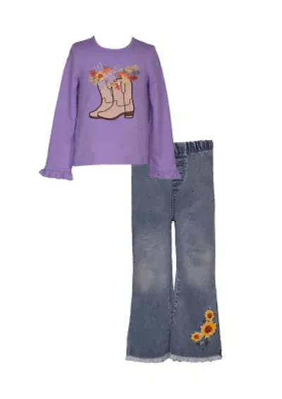 Girls 4-6x Cowboy Boots Graphic Top and Denim Flare Pants Set
