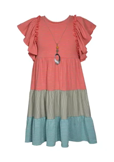 Girls 4-6x Striped Tiered Knit Dress with Necklace