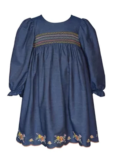 Girls 4-6x Embroidered Smocked Denim Dress