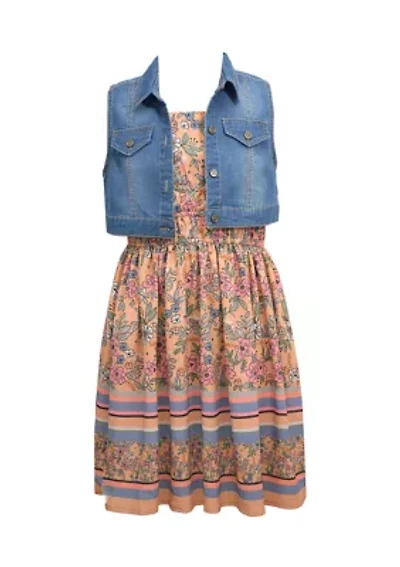 Girls 7-16 Border Print Dress with Denim Vest