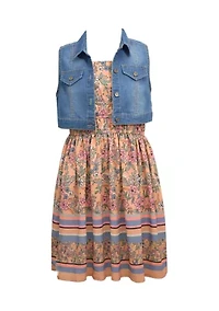 Girls 7-16 Border Print Dress with Denim Vest