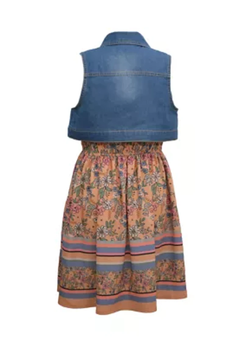 Girls 7-16 Border Print Dress with Denim Vest