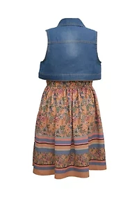 Girls 7-16 Border Print Dress with Denim Vest