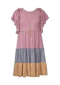 Girls 7-16 Multi Stripe Knit Dress with Necklace