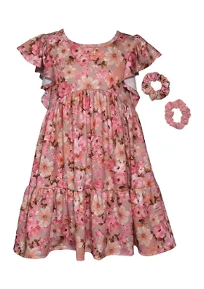 Girls 7-16 Knit Floral Dress with Hair Ties