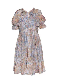 Girls 7-16 Foiled Chiffon Puff Sleeve Dress with Cascade Bodice