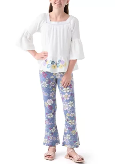 Girls 7-16 Knit Top and Printed Flare Pants Set