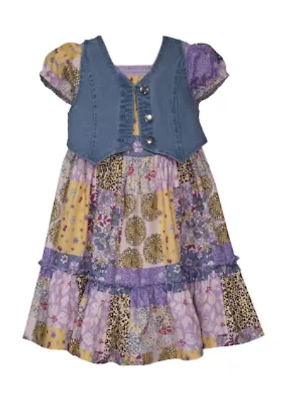 Girls 7-16 Denim Vest and Printed Dress Set