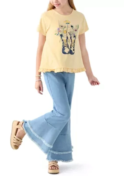 Girls 7-16 Graphic T-Shirt and Ruffle Flare Jeans Set