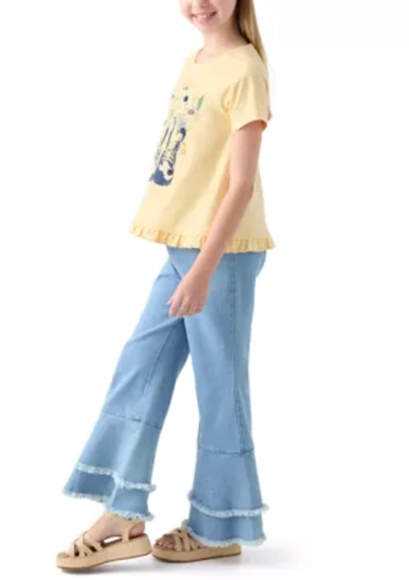 Girls 7-16 Graphic T-Shirt and Ruffle Flare Jeans Set