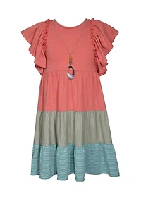 Girls 7-16 Striped Tiered Knit Dress with Necklace