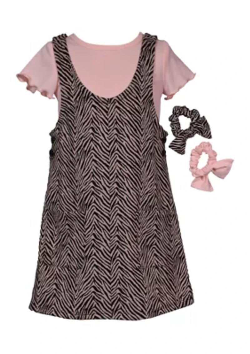 Girls 7-16 Animal Printed Jumper Dress Set with Scrunchies