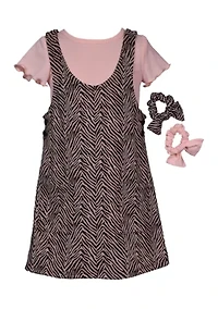 Girls 7-16 Animal Printed Jumper Dress Set with Scrunchies
