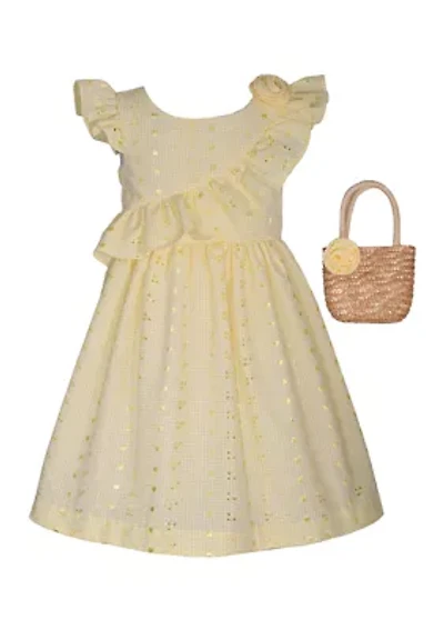 Girls 4-6x Flutter Sleeve Eyelet Embroidered Dress with Bag
