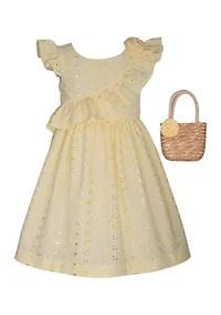 Girls 4-6x Flutter Sleeve Eyelet Embroidered Dress with Bag