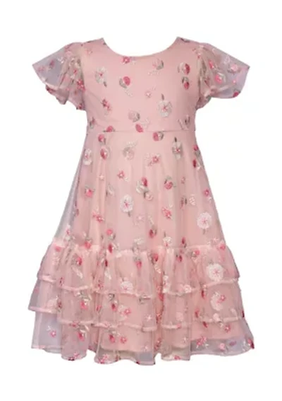 Girls 4-6x Embroidered Mesh Ruffle Hem Dress