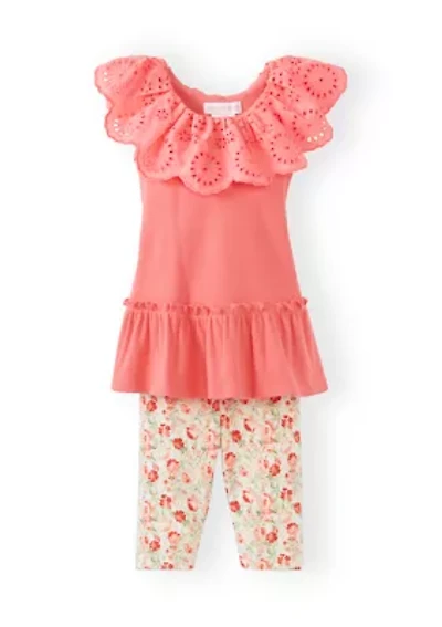 Girls 4-6x Rib Eyelet Ruffle Shirt and Leggings Set