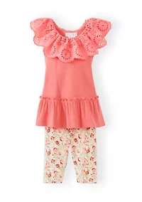 Girls 4-6x Rib Eyelet Ruffle Shirt and Leggings Set