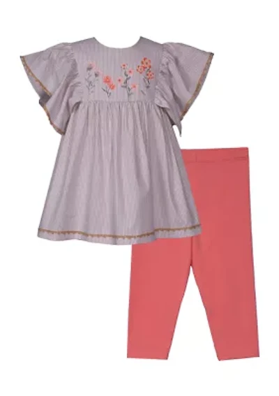 Girls 4-6x Coral Embroidered Flower Top and Leggings Set