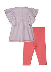 Girls 4-6x Coral Embroidered Flower Top and Leggings Set