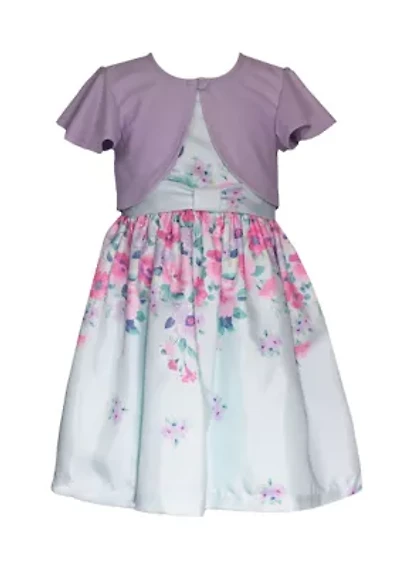 Girls 7-16 Shantung Floral Printed Dress with Cardigan