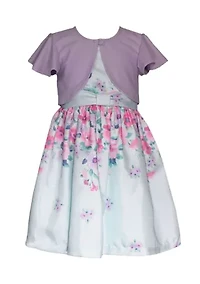 Girls 7-16 Shantung Floral Printed Dress with Cardigan