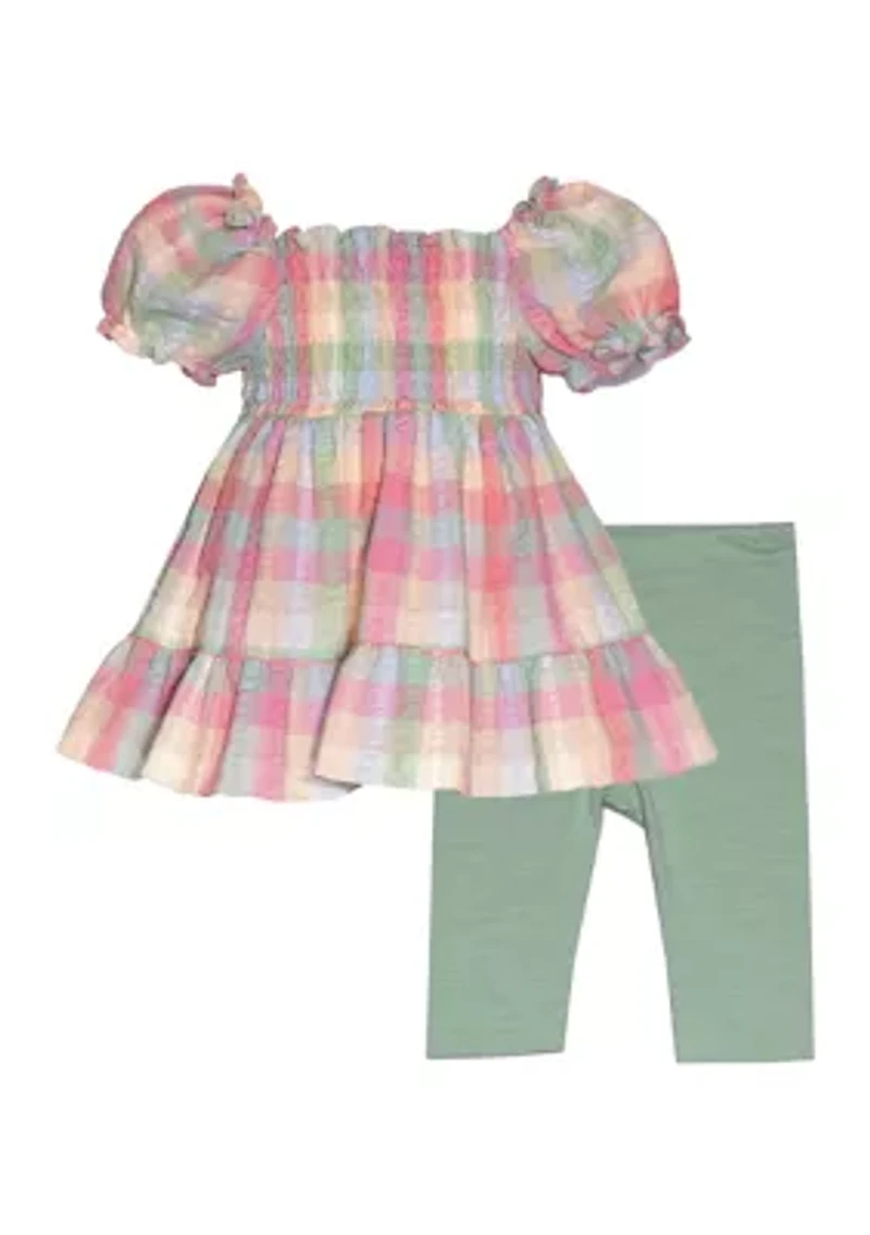 Girls 7-16 Seersucker Puff Sleeve Top and Solid Leggings Set