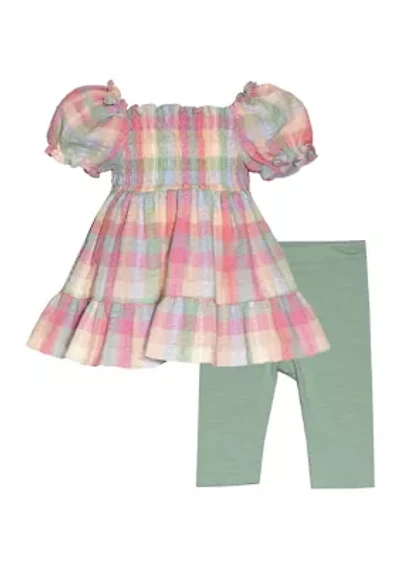 Girls 7-16 Seersucker Puff Sleeve Top and Solid Leggings Set