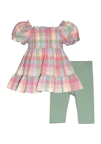 Girls 7-16 Seersucker Puff Sleeve Top and Solid Leggings Set